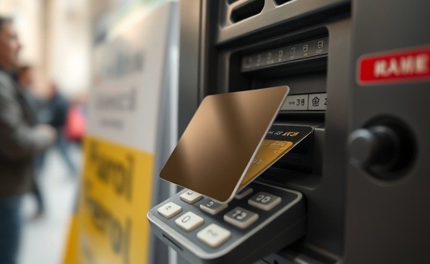 点検前 — カードリーダーの上に不審な部品が取り付けられた端末の前面。
